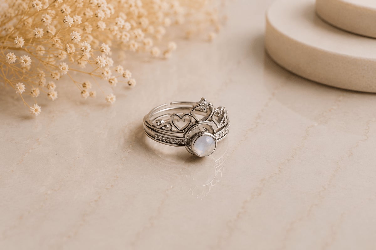 Moonstone Crown Heart Stacking Ring